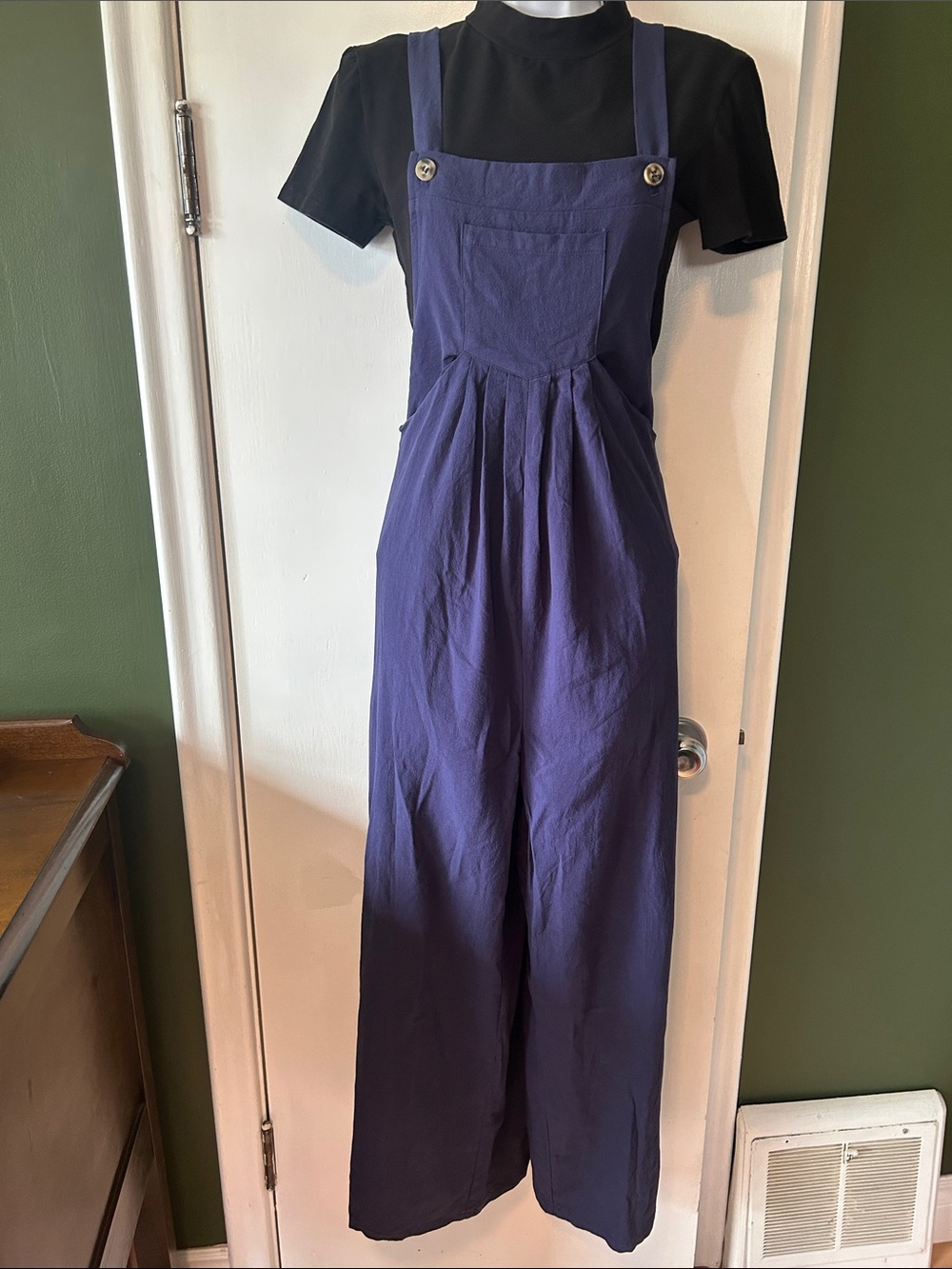 Cotton Linen Navy-Blue Wide-Leg Overalls